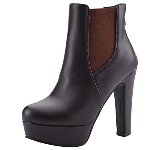 MJIASIAWA Femmes Fête Talons Hauts Hiver Plateforme Mode Bottillons Fermeture Éclair Riding Warm Bloc Fête Bout Rond Bottes Motard Marrón Taille 47 EU/49 Asiatique Cover