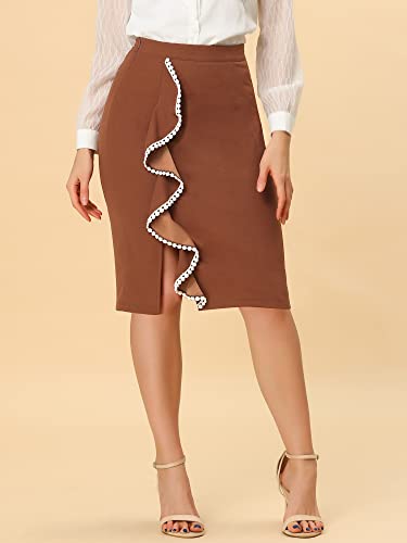 Allegra K Women's Pencil Skirt High Waist Ruffle Trim Split Work Office Skirts2