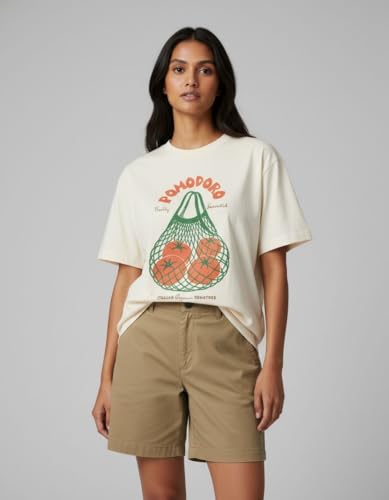 Image of Oversized Cotton T-Shirt for Women Half Sleeve Pomodoro Printed Tee - Breathable Loose Fit Asthetic Casual Wear for College and Daily Ou Outfits, Streetwear