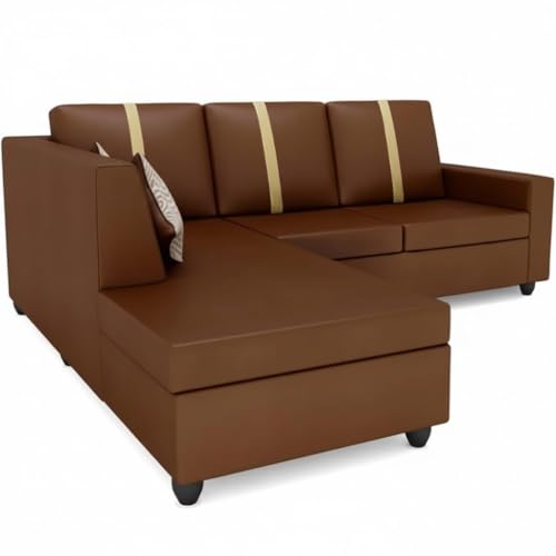 Image of FURNY Nathanoy 4 Seater Leatherette LHS L Shape Sofa Set (Brown) Premium Finish | Ideal for Living Rooms