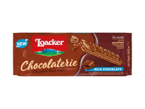 Loacker, Chocolaterie Milk Chocolate, Wafer Fragranti Farciti con 2 Strati di Crema al Cioccolato, Ricoperti di Cioccolato al Latte, Merenda e Snack, 1 Confezione da 118 g