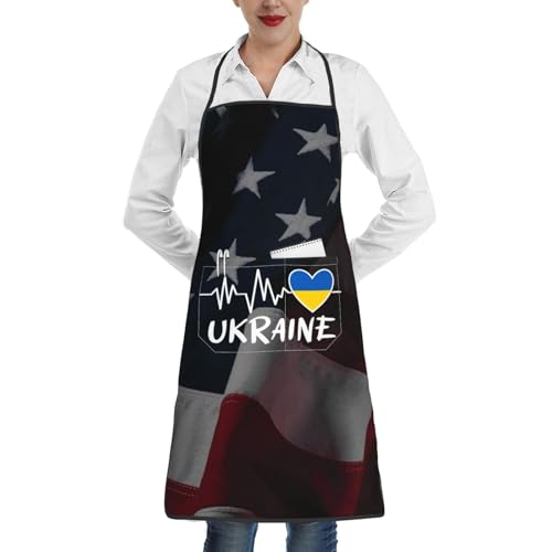 nopicsn Ukraine Heartbeat Apron for cooking with Pockets Women Men Kitchen Chef Funny Aprons