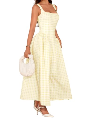 Plaid Maxi Dress, Square-Neck Drop-Waist, Wedding-Guest Party, Flowy A-Line Dresses for Women Date-Night Pastel