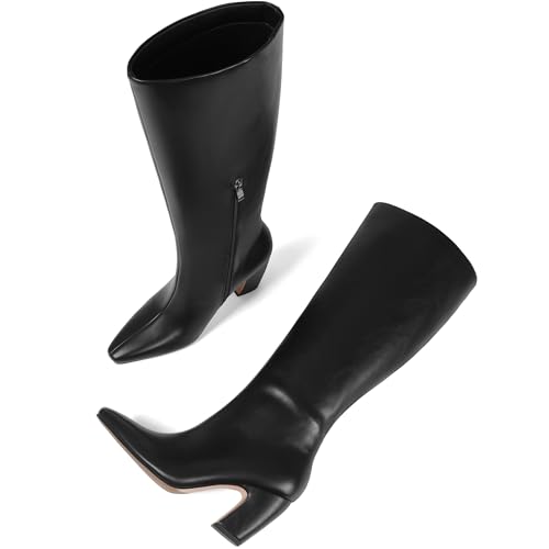 Image of Women's Knee High Boots, Comfortable Square Toe Faux Leather Boot Fashion Long Tall Boots for Riding Chunky High Heeled Dress /Casual Boot