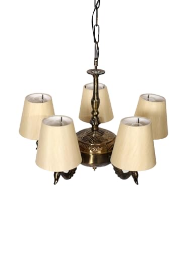 Image of Devansh 05-Light Conical Off-White Cotton Shade Chandelier - Antique Golden Finish | Adjustable Cord | Warm Glow Lamp - Ceiling Light for Living Room, Dining Area, Bedroom & Entryway Decor - D1