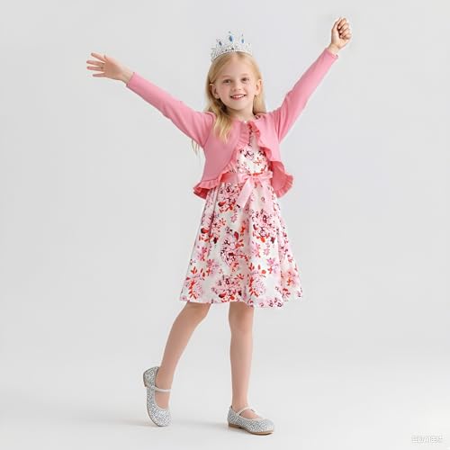 Size 4-8Y Girl's Floral Dress & Long Sleeve Ruffle Trim Jacket Casual Layered Little Girl Dress4