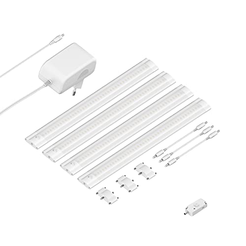 ledscom.de LED Unterbau-Leuchte SIRIS weiß matt mit Bewegungsmelder, flach, je 30cm, je 368lm, warm-weiß, 4er Set