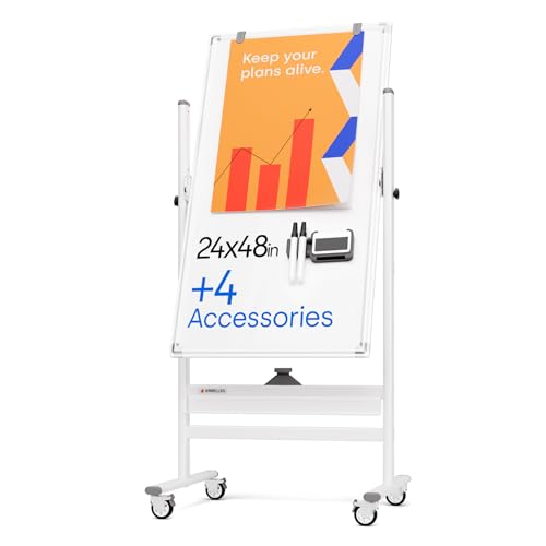 Image of Rolling Dry Erase Board 24 x 48 - Large Portable Magnetic Whiteboard with Stand - Double Sided Easel Style Whiteboard with Wheels - Mobile Standing White Board for Office, Classroom & Home