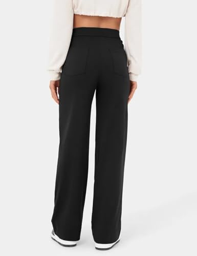 Flygo Womens High Waisted Multiple Pockets Straight Leg Flexipants Stretchy Work Trousers Button Down Casual Pants(Black-M), Medium2