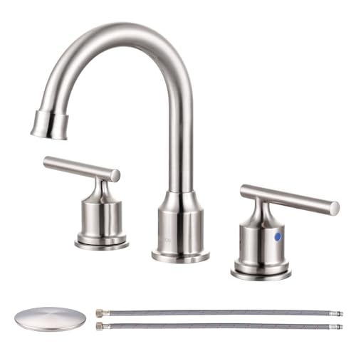WOWOW Widespread Bathroom Faucet Brushed Nickel Bathroom Sink Faucet 8 inch Vanity Tap 2 Handle 3 Holes Deck Mount Taps with Drain Widespread Brushed Nickel