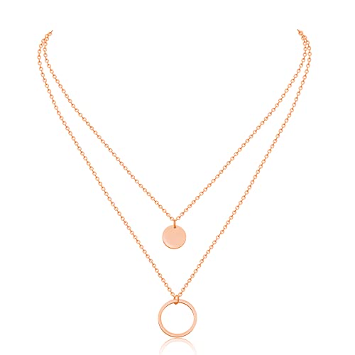 AFSTALR Damen Layered Kette Rosegold Coinkette Multilayer Kette mit Kreisring Anhänger Halskette Geschenk für Frauen