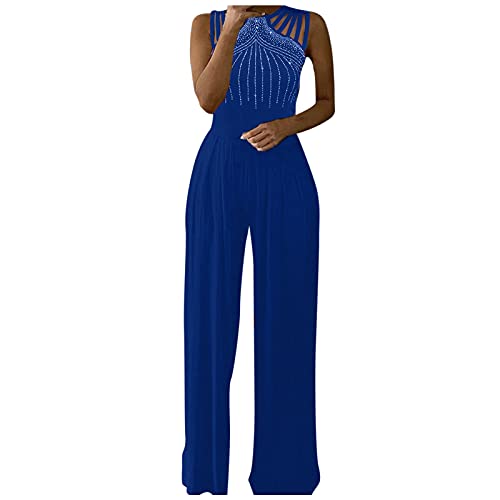 Jumpsuit dam elegant för bröllop – jumpsuits dam sommar festlig glitter byxkostym ärmlös overall långa vida ben byxor onepiece dam business party breda ben playsuit, blå, S