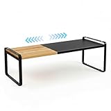 Solcasaco Desk Shelf Monitor Riser, Expandable Counter Shelf for Kitchen, Coffee Station Organizer, Stackable Metal Cabinet Shelf for Office & Cupboard Storage (Natural Bamboo & Black, 1 Pack)