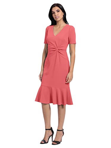 Image of London Times Women's V-Neck Dress - Flounce Hem, Twist Waist, Elegant Office & Event Wear