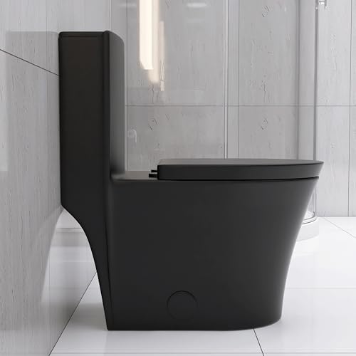 Inodoro moderno de una pieza con descarga dual 1.1/1.6 GPF, diseño alargado y asiento de cierre suave, base cubierta, capacidad de descarga MAP 1000 g (negro) miniatura 4