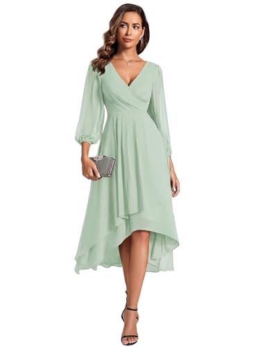 Ever-Pretty Women's Chiffon V Neck Long Sleeves A-Line Midi Length Wedding Guest Dress Cocktail Party Formal Dresses Mint Green US12