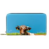 Portefeuille en cuir avec fermeture éclair Motif vache dans la prairie, multicolore, 20.5x2.5x11.5cm/8.07x1x4.53 in, Classique