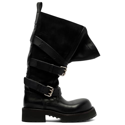 Women's Knee High Boots Slouch Buckle Biker Boots for Women Round Toe Platform Chunky Moto Boots Wide Calf Tall Riding Boots4