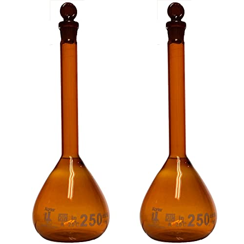 250ml Volumetric Flask, 3.3 Boro Glass, Class A, Ground Stopper, Amber, Karter Scientific (Pack of 2)