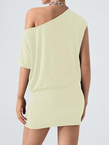 Image of SOLY HUX Women's Off The Shoulder Mini Dress Going Out Asymmetrical Neck Short Sleeve Casual Bodycon T Shirt Dresses