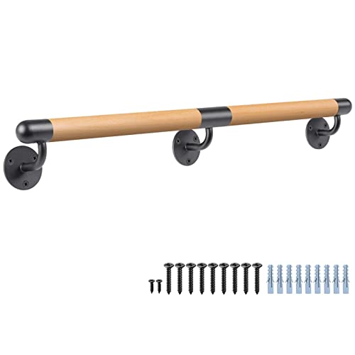 Dolibest 200cm Main Courante en Bois, Rampe d'escalier Bois en Hêtre Ronde 3.8cm Poignée de Sécurité Barre d'escalier avec Support Intérieur Murale...