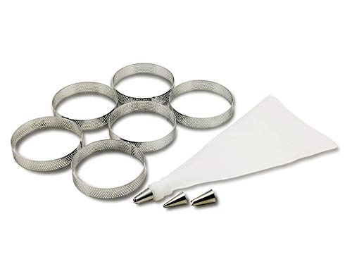 NEWLINE NY Kit de horneado de Anillos de Tarta de pastelería Francesa de Acero Inoxidable - 6 Anillos Redondos Perforados + 3 boquillas + 1 Kit de Manga pastelera de decoración Cover