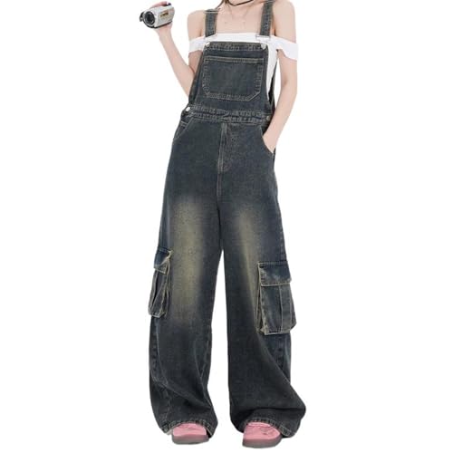Mono peto de mezclilla para mujer con pernera ancha y diseño multibolsillos casual