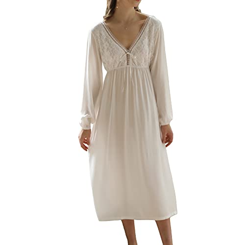 Lu's Chic Women's Victorian Nightgown Long Sleeve Princess Sleepwear Cotton Cute Loungewear Vintage Full Length Lace V Neck Summer Nightwear Pajama Pj Night Sleep Dress Gown White Medium