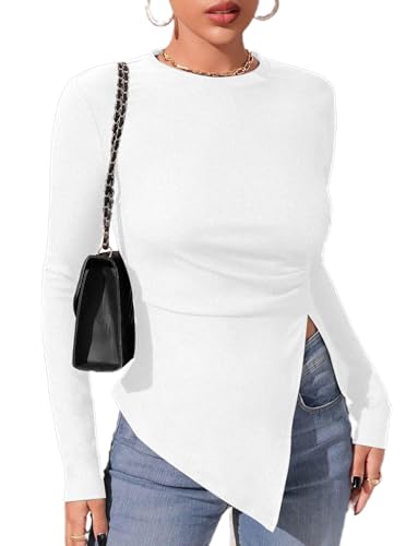 Remidoo Women's Split Hem Long Sleeve Ribbed Ruched Side