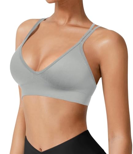 Image of VEQKING Seamless V-Neck Cross Back Women Sports Bra for Small Chest, 3 Pack | Made for A-C Cups, Spaghetti Straps, Removable Padded, Comfort Wireless for Low Impact Workout: Yoga, Lounging & Daily Wear