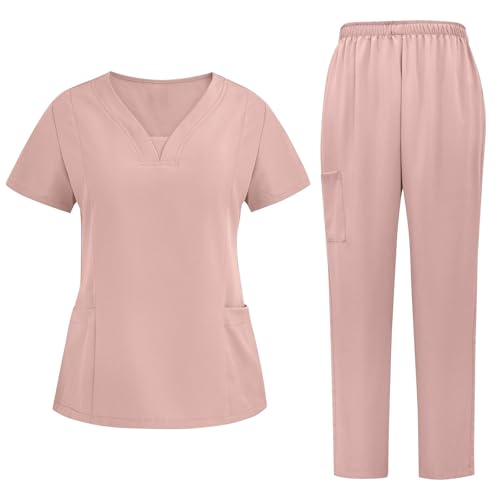 Scrubs Set for Women Stretch Short Sleeve Scrub Tops with Pockets & Jogger Pants Lightweught Solid Nurse Uniform Pink