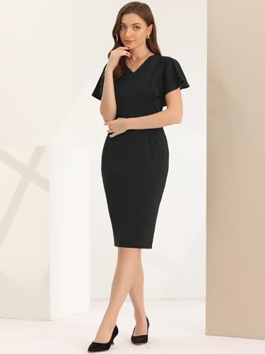 Allegra K Pencil Dress for Women's V Neck Flare Sleeve Wear to Work Sheath Dresses4