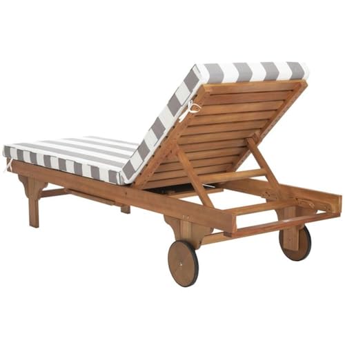 Image of SAFAVIEH Outdoor Collection Newport Natural / Grey & White Stripe Cushion Built-in Side Table Adjustable Chaise Lounge Chair