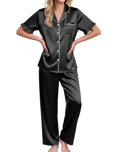 Image of Ekouaer Silk Satin Pajamas for Women Set 2 Piece Short Sleeve Button Up Pjs | Two Side Pockets,Soft Bridesmaid Lounge Set,Bridal Ruffle Sleepwear,Wedding Party,Honeymoon Vacation,Postpartum