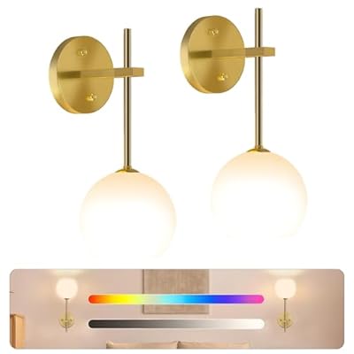 JKEYES Battery Operated Wall Sconce Set of 2, Gold Cordless Wall Lights with Dimmable Detachable Rechargeable Magnetic Bulbs,12 RGB Colors Wall Lights for Bedroom Living Room Hallway