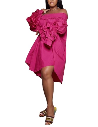 Image of WOKANSE Party Dresses for Women Off Shoulder Layered Flare Sleeve A line Ruched Plus Size Midi Summer Dress