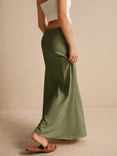 EARKOHA 2025 Women's Summer Maxi Skirt Drawstring Low Waist A Line Linen Long Flowy Skirts Olive Green M4
