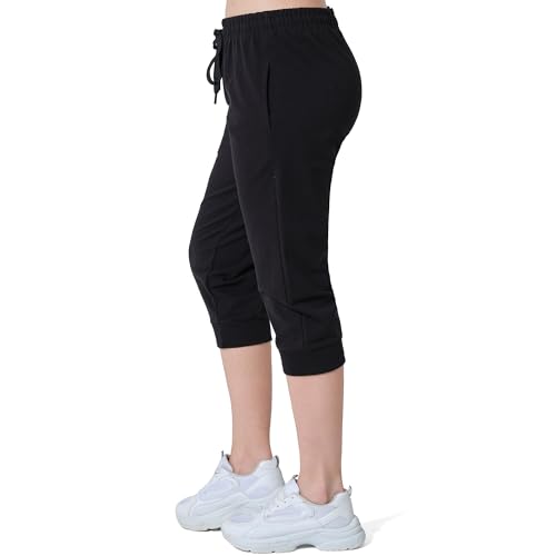 ROSS CAMP Jogginghose Damen 3/4 - Sporthose Capri Kurze Hose Yogahose Damen Freizeithose Laufhose Sommer Kurz Hosen Trainingshose Fitness Sweathose (Schwarz XL)