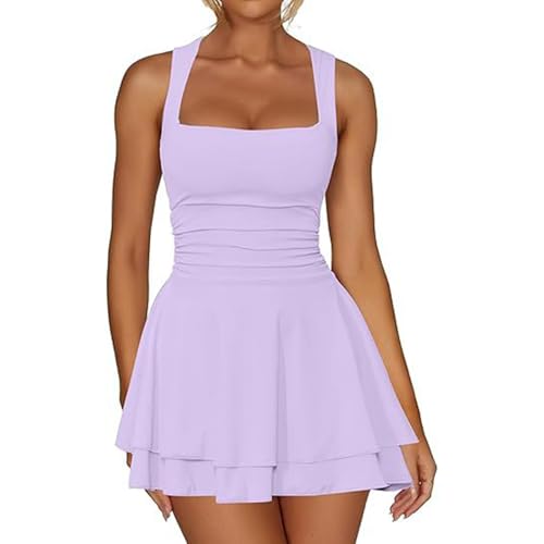 Generisch Vestido corto sexy de verano para mujer, cuello cuadrado, sin mangas, ceñido, vestido ceñido, vestido ajustado, negro, elegante, vestido de fiesta, vestido de playa, A1-lila., L