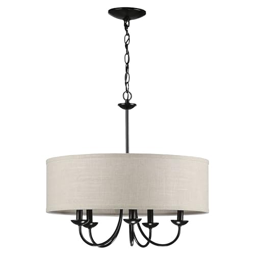 Image of Progress Lighting Drum Shade Collection Five-Light Chandelier, Farmhouse Style Hanging Ceiling Light Fixture for Dining Rooms, Foyers, Harvest Linen Shade, Matte Black