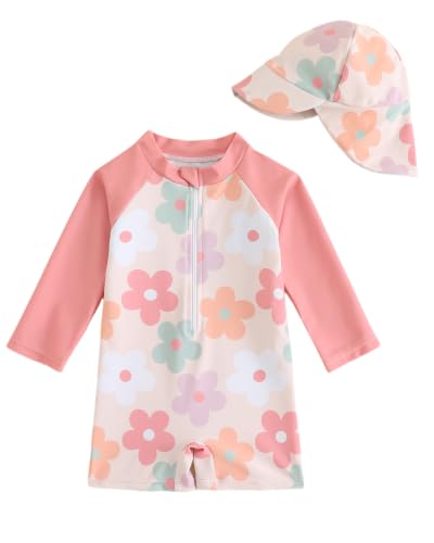 Image of Baby Swimsuit Boy Girl Rash Vest Set 0M-3T, Long Sleeve UPF 50+ Infant Swimming Costume with Hat, Zipper Toddler One Piece Rash Guard Swimwear, Orange Flower 6-12 Months