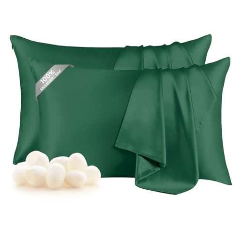 Image of THXSILK Set of 2 100% Mulberry Silk Pillowcase for Hair and Skin, Real Mulberry Silk Both Sides, Smooth Breathable Natural Silk Sleep Pillow Cases with Hidden Zipper (Standard 20 inchx26 inch, Emerald Green)