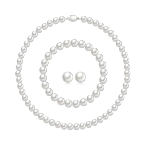 AOWVUTS Parure de Bijoux en Perles Ensemble de Bijoux Argent Perles Blanches Collier Bracelet Boucles D'oreilles de Culture D'eau Douce pour Femme Mariage Bridal Bal...