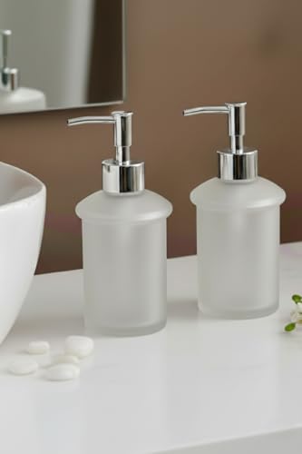Image of Premium Frosted Glass Soap Dispenser with Stainless Steel Pump | Refillable Liquid Soap, Hand Wash, Shampoo & Sanitizer Bottle for Bathroom & Kitchen Sink | Modern Square Design (Round AT10-2)