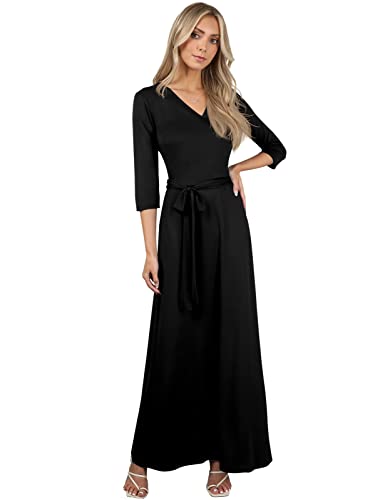 NINEXIS Women's V-Neck 3/4 Sleeve Waist Wrap Front Maxi Dress Black XL