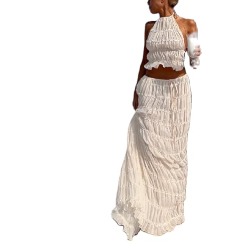Image of Women Y2K Skirt Set Outfits Strapless Crop Top Bodycon Midi Skirt Dress Sexy 2 Piece Knit Outfits Skirt Summer