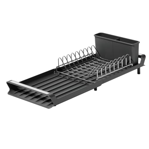 Sxmrmnx Escurridor de platos extensible con bandeja de drenaje, estante de almacenamiento de drenaje para fregadero de vajilla, incluye 2 soportes para utensilios A