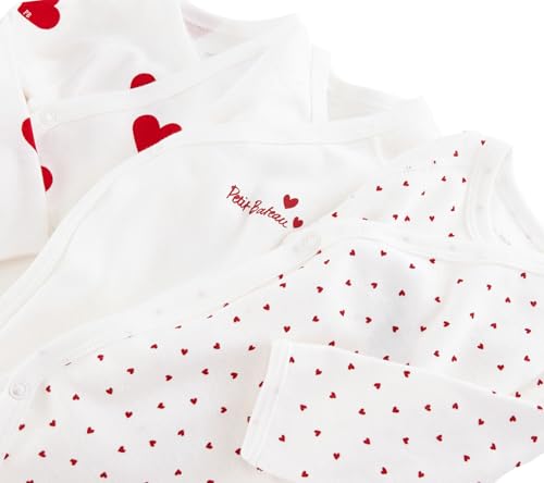 Petit Bateau Babies' Long-sleeved Wrapover Red Hearts Organic Cotton Bodysuits - 3-Pack STYLE A00AZ SIZES NB-12/M3