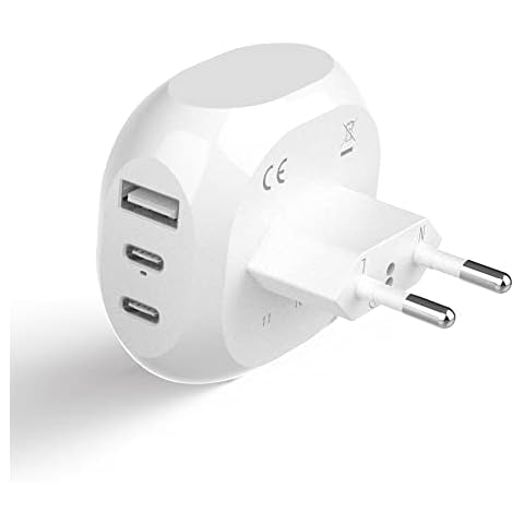 Ceptics European Travel Plug Adapter - 5 Input with 20W PD-QC 3.1A Dual USB-C and USB - Light Weight - USA to Any Type C Countries Such as Italy, Iceland, Austria and More (PTU-9C), White Cover