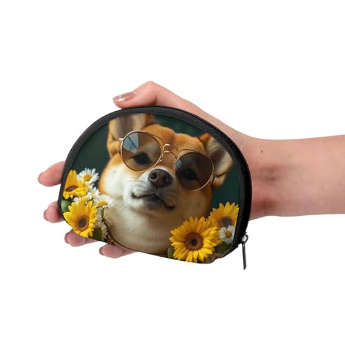 Portable Coin Purse Hipster-Shiba-Inu-Sunflower Mini Zippered Money Pouch Card Holder3